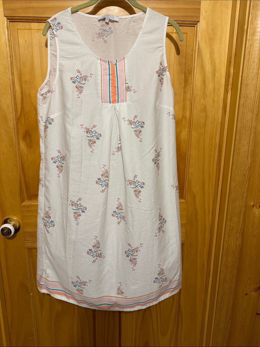 Laurence Tavernier Sleeveless Cream Floral Nightdress Pink, Orange & Teal Trim.
